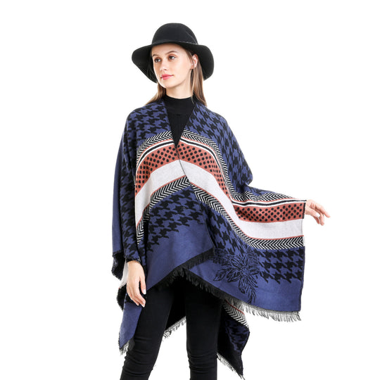 Damen Oversize-Ruana mit Hahnentritt-Jacquard und Fransensaum Shop Nory