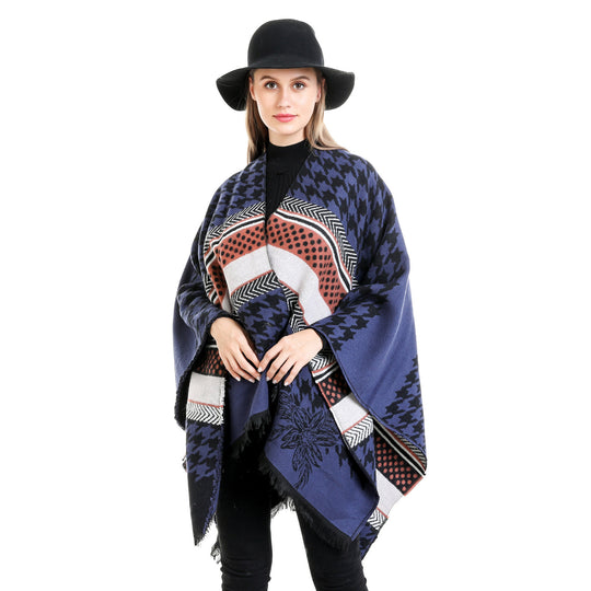 Damen Oversize-Ruana mit Hahnentritt-Jacquard und Fransensaum Shop Nory