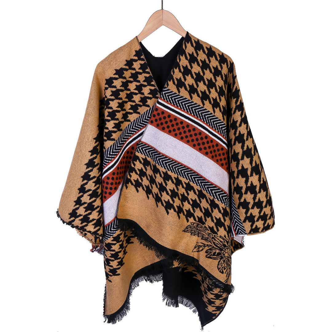 Damen Oversize-Ruana mit Hahnentritt-Jacquard und Fransensaum Shop Nory