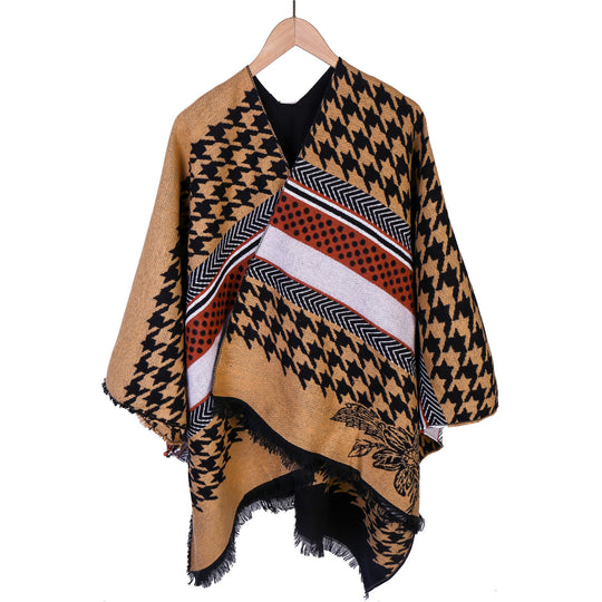 Damen Oversize-Ruana mit Hahnentritt-Jacquard und Fransensaum Shop Nory