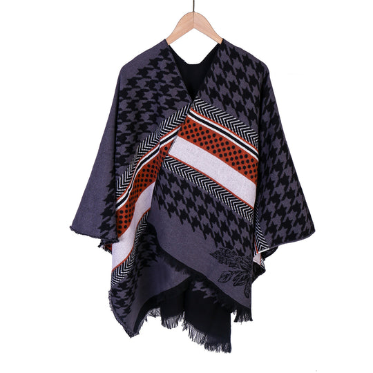Damen Oversize-Ruana mit Hahnentritt-Jacquard und Fransensaum Shop Nory