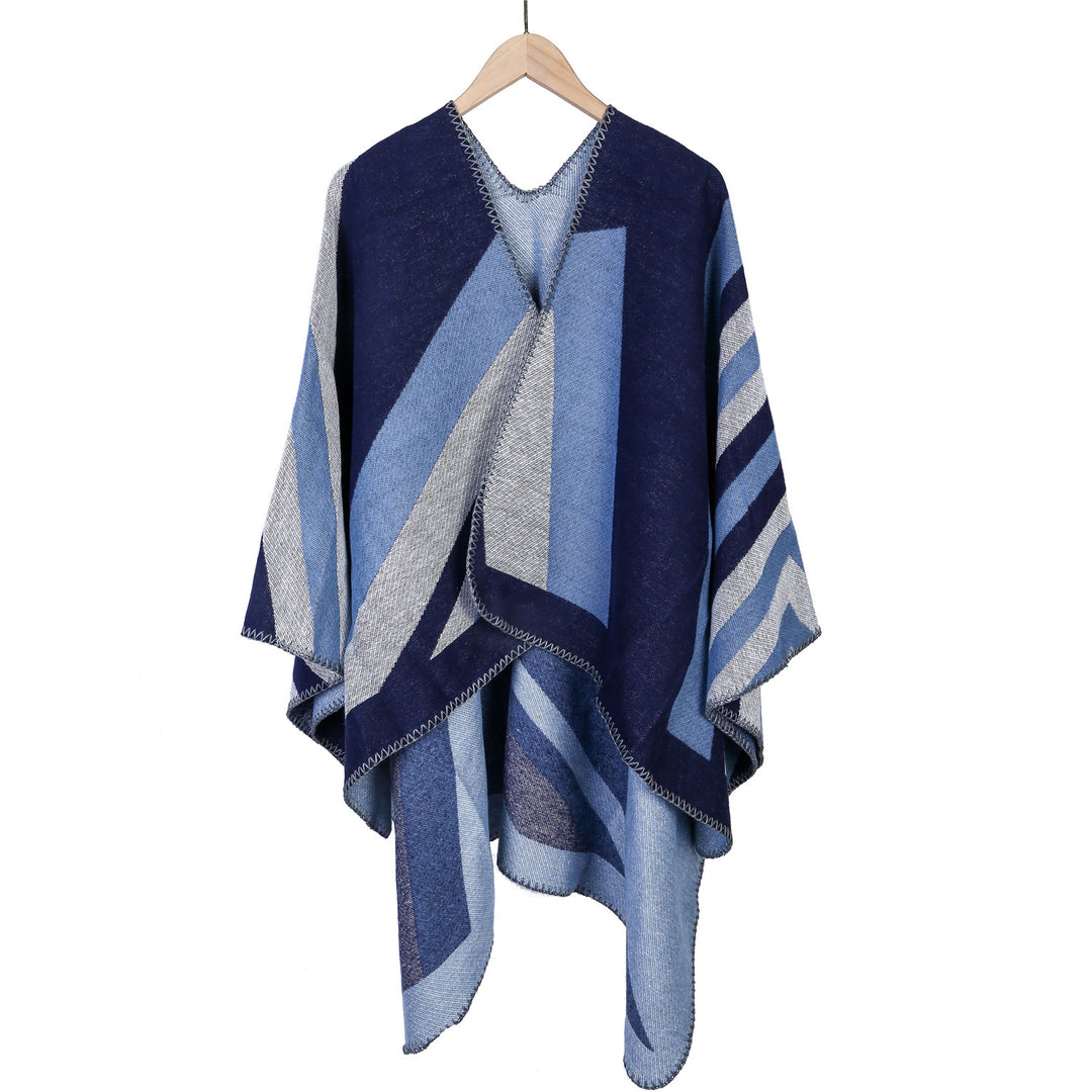 Damen Oversize-Ruana mit grafischem Blockmuster und dekorativer Kettelnaht Shop Nory