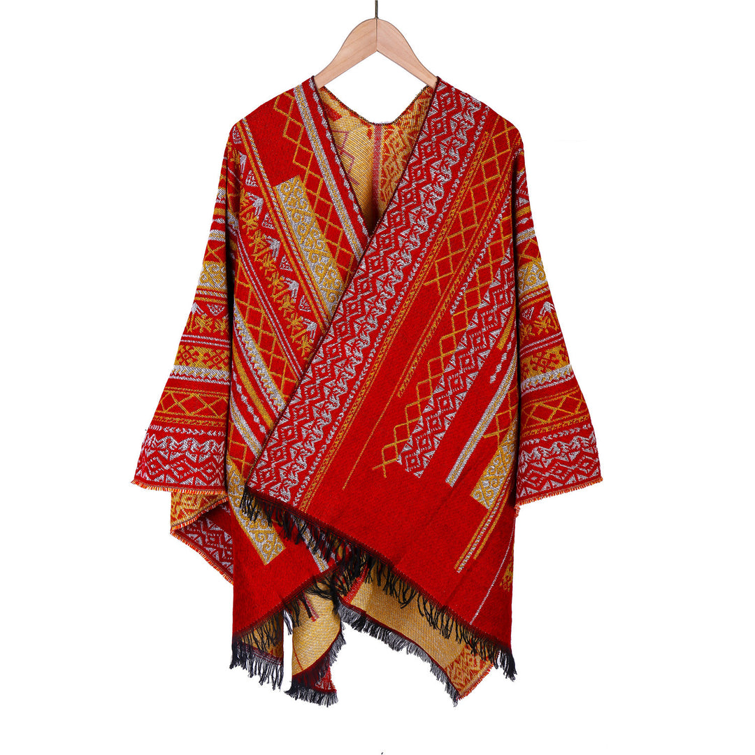 Damen Ruana-Poncho im kastigen Kimono-Fall mit feiner Jacquard‑Webstruktur und Fransensaum Shop Nory