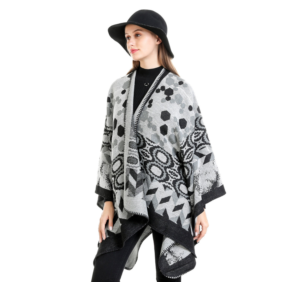 Damen Gemusterter Jacquard-Ruana-Überwurf mit V-Ausschnitt und Kettelnaht Shop Nory