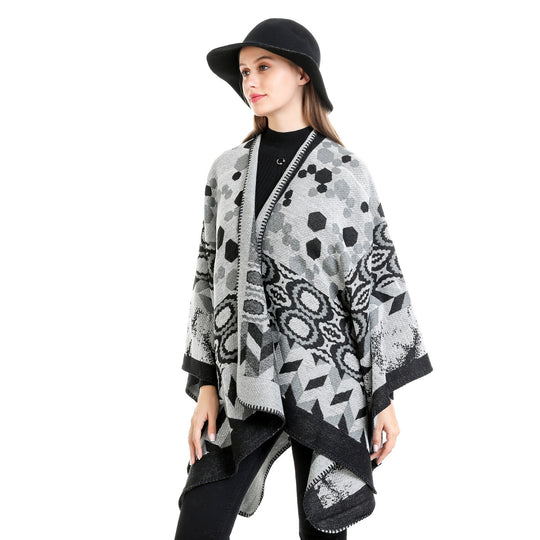 Damen Gemusterter Jacquard-Ruana-Überwurf mit V-Ausschnitt und Kettelnaht Shop Nory