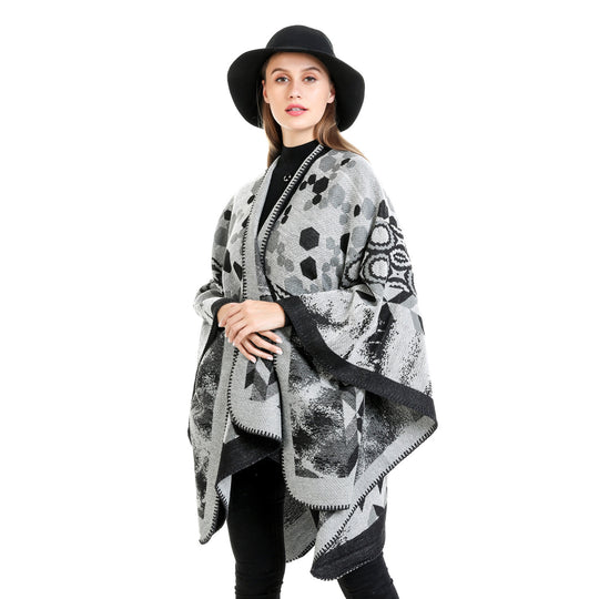 Damen Gemusterter Jacquard-Ruana-Überwurf mit V-Ausschnitt und Kettelnaht Shop Nory