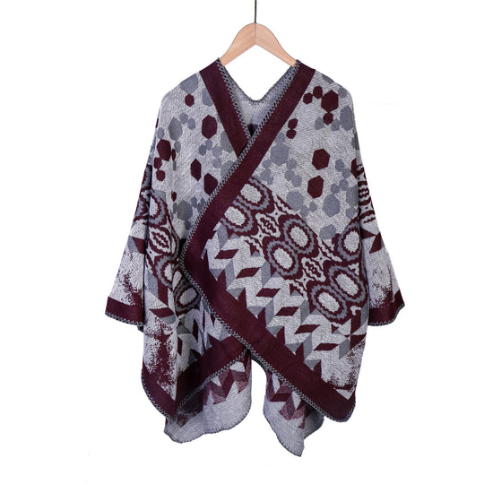 Damen Gemusterter Jacquard-Ruana-Überwurf mit V-Ausschnitt und Kettelnaht Shop Nory