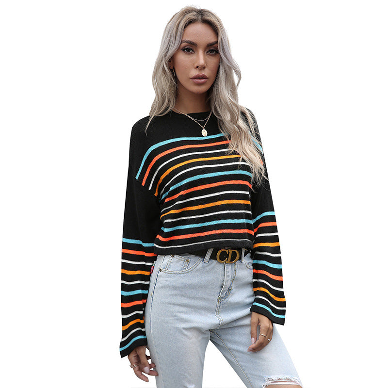 Damen Cropped Feinstrickpullover mit bunten Blockstreifen Shop Nory