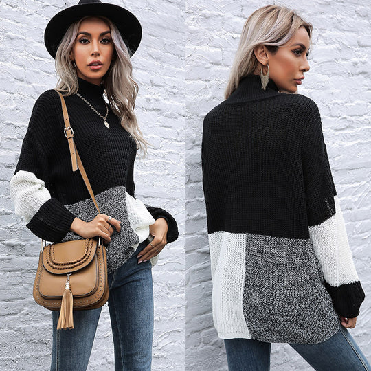 Damen Oversize-Feinstrickpullover im Blockpatch-Design mit Stehkragen Shop Nory