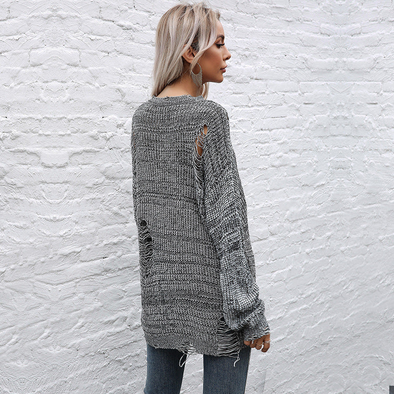 Damen Oversize-Strickpullover mit grobem Strukturstrick, asymmetrischem Saum und Used‑Look Shop Nory