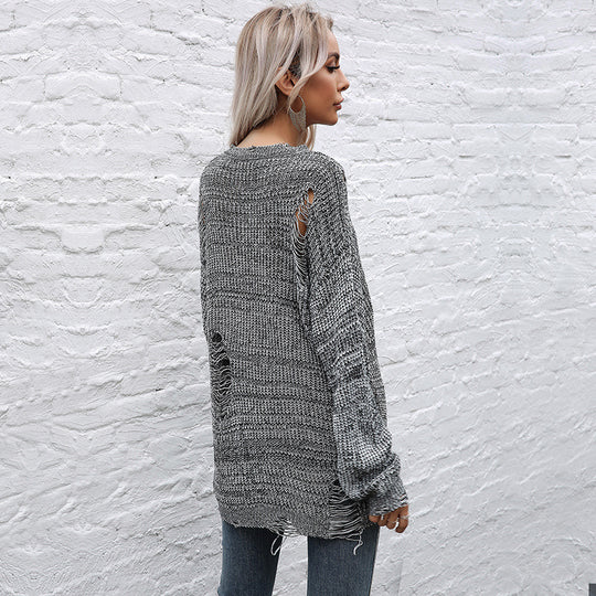 Damen Oversize-Strickpullover mit grobem Strukturstrick, asymmetrischem Saum und Used‑Look Shop Nory