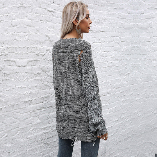 Damen Grobgestrickter Oversize-Pullover mit offenen Maschen, rohem Saum und Rundhalsausschnitt Shop Nory