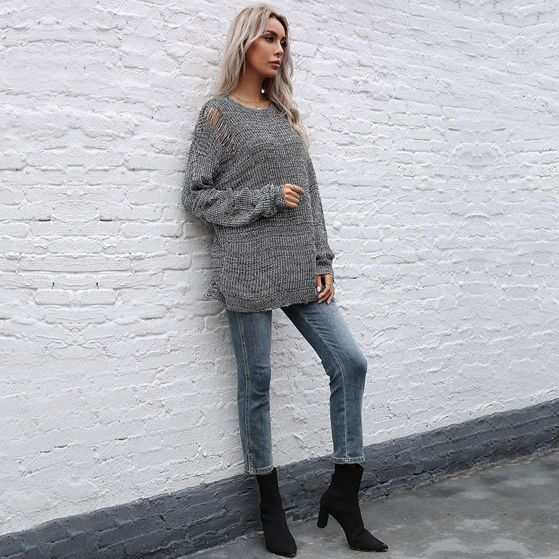 Damen Oversize-Strickpullover mit grobem Strukturstrick, asymmetrischem Saum und Used‑Look Shop Nory