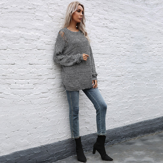 Damen Oversize-Strickpullover mit grobem Strukturstrick, asymmetrischem Saum und Used‑Look Shop Nory