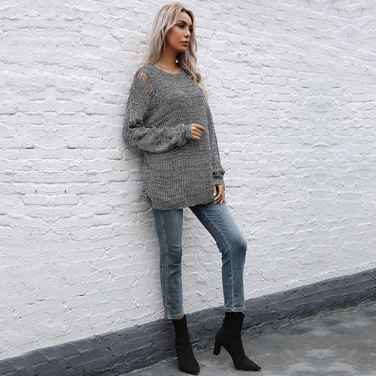 Damen Grobgestrickter Oversize-Pullover mit offenen Maschen, rohem Saum und Rundhalsausschnitt Shop Nory