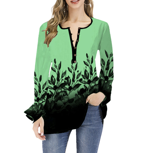 Damen Lockeres Langarm-Tunika-Shirt mit Henley-Knopfleiste und floralem Ombre-Print Shop Nory