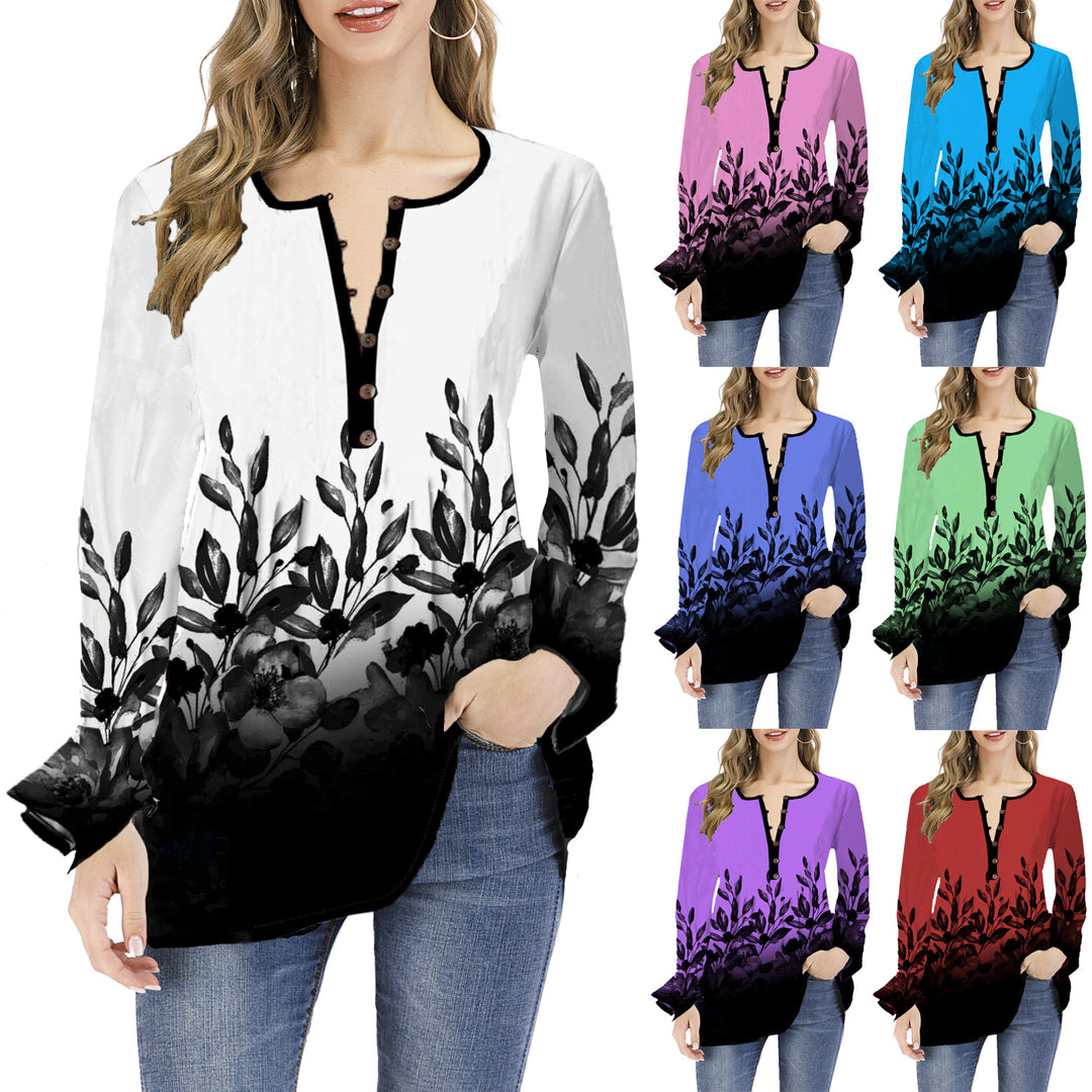 Damen Lockeres Langarm-Tunika-Shirt mit Henley-Knopfleiste und floralem Ombre-Print Shop Nory