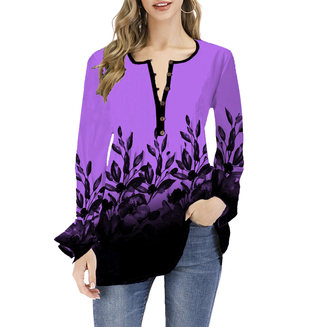 Damen Lockeres Langarm-Tunika-Shirt mit Henley-Knopfleiste und floralem Ombre-Print Shop Nory