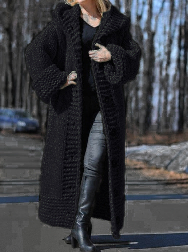 Damen Oversize Grobstrick Maximantel mit Kapuze und Knopfleiste Shop Nory