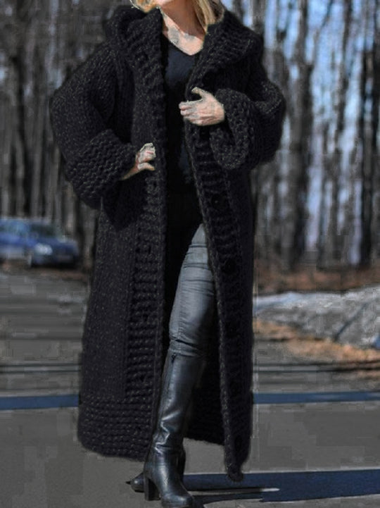 Damen Oversize Grobstrick Maximantel mit Kapuze und Knopfleiste Shop Nory