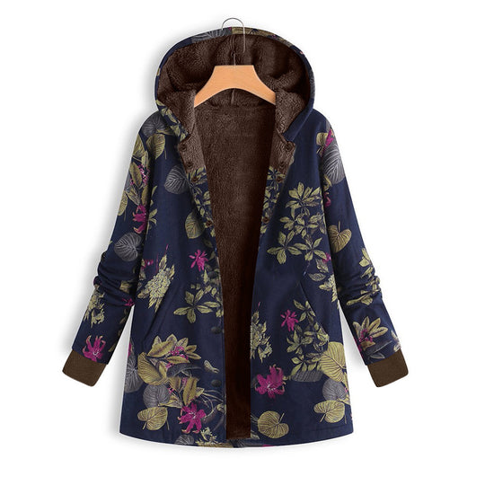 Damen Gefütterte Kapuzenjacke mit Kunstfellfutter, floralem Print und Eingrifftaschen Shop Nory
