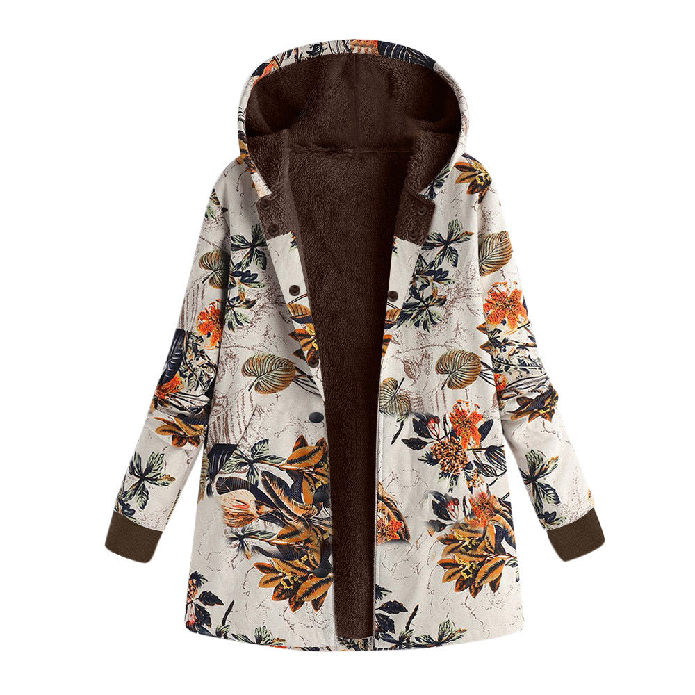 Damen Gefütterte Kapuzenjacke mit Kunstfellfutter, floralem Print und Eingrifftaschen Shop Nory