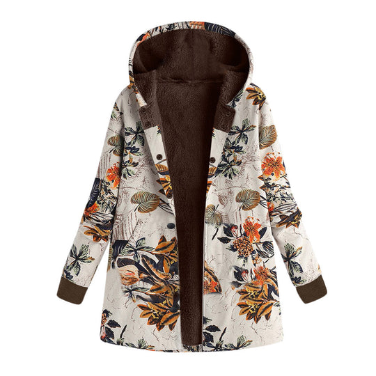 Damen Gefütterte Kapuzenjacke mit Kunstfellfutter, floralem Print und Eingrifftaschen Shop Nory