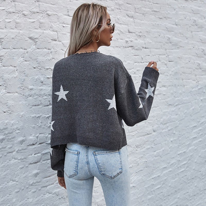 Damen Kurzgeschnittener V‑Ausschnitt Strickcardigan mit Sternen‑Jacquard und Fransenbesatz Shop Nory
