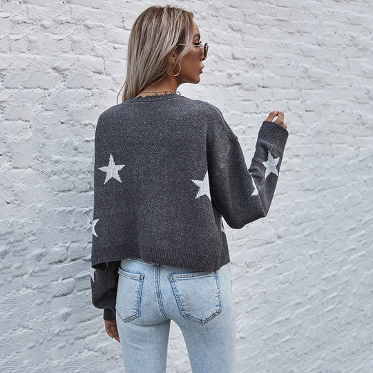 Damen Kurzgeschnittener V‑Ausschnitt Strickcardigan mit Sternen‑Jacquard und Fransenbesatz Shop Nory