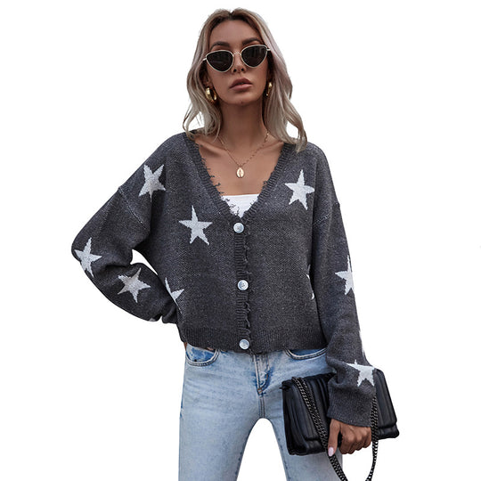 Damen Kurzgeschnittener V‑Ausschnitt Strickcardigan mit Sternen‑Jacquard und Fransenbesatz Shop Nory