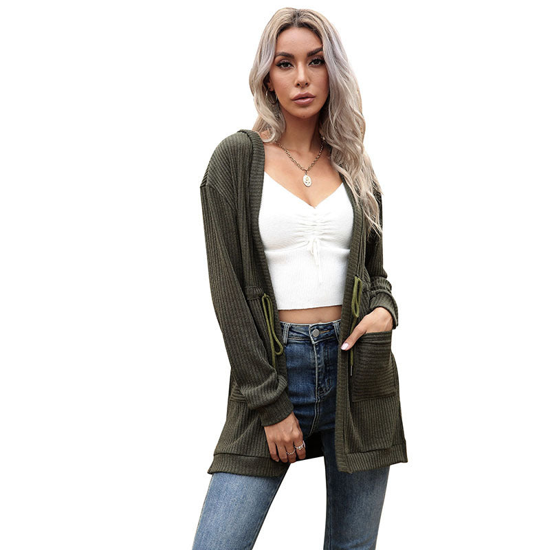 Damen Longline Feinstrickcardigan mit Tunnelzug, Rippstruktur und Eingrifftaschen Shop Nory