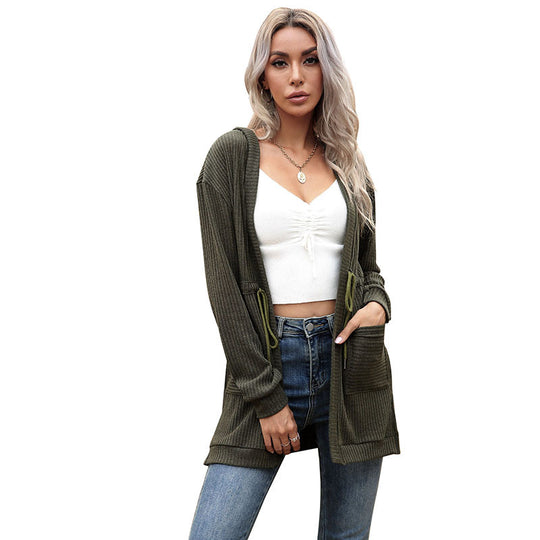 Damen Longline Feinstrickcardigan mit Tunnelzug, Rippstruktur und Eingrifftaschen Shop Nory