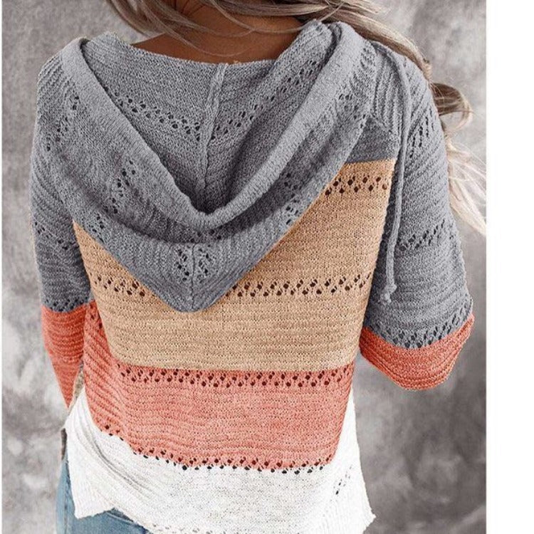 Damen Lockerer Strickkapuzenpullover mit Lochmuster und Eingrifftasche Shop Nory