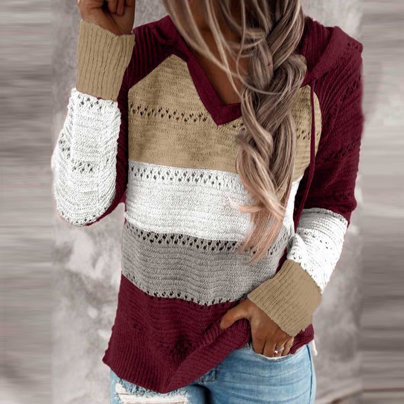 Damen Lockerer Strickkapuzenpullover mit Lochmuster und Eingrifftasche Shop Nory