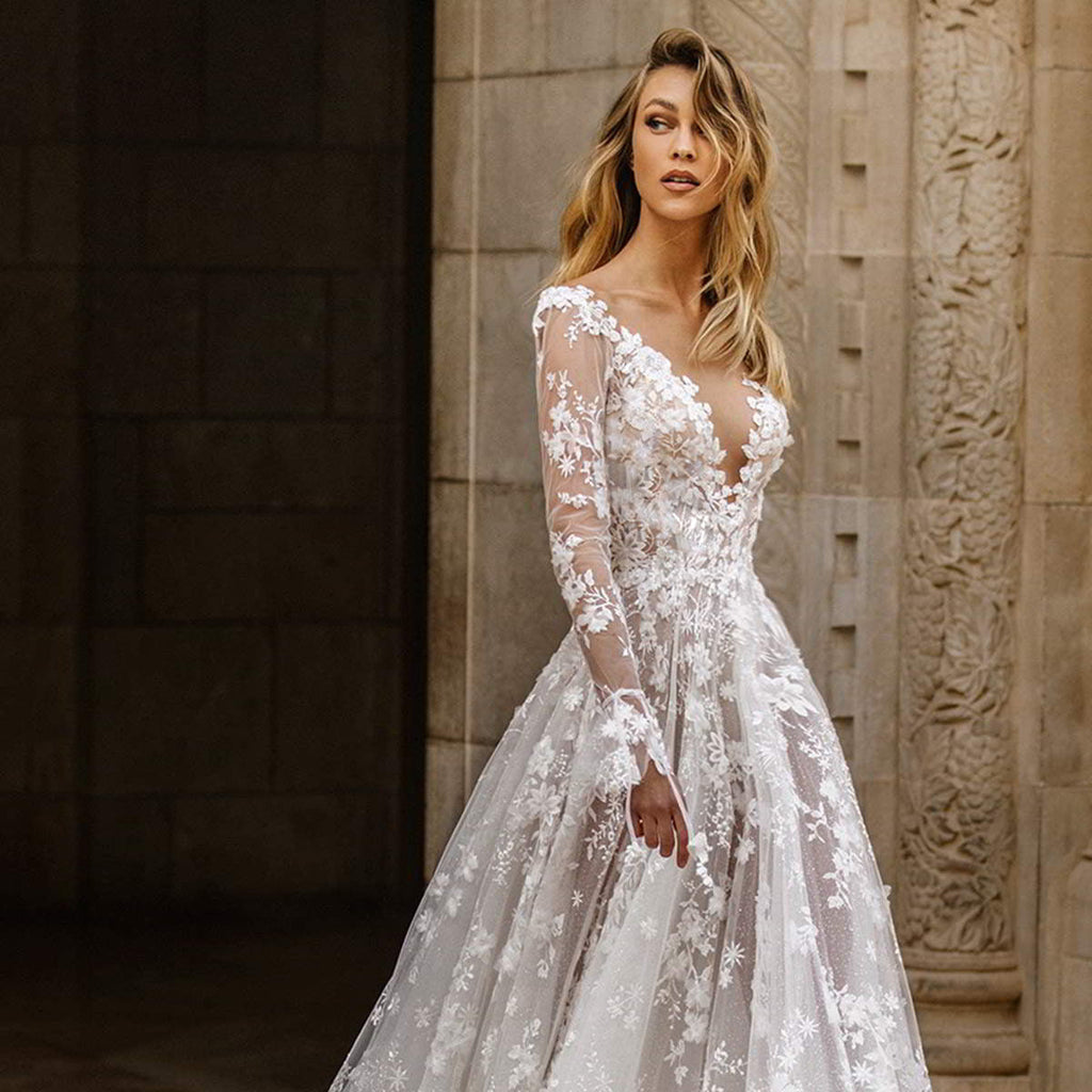 Damen Elegantes Hochzeitskleid mit floralen Spitzenapplikationen und tiefem V-Ausschnitt
