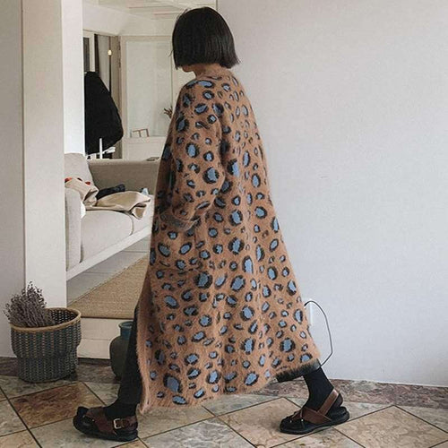 Damen Maximaler Oversize-Longcardigan aus Mohair-Optik mit Leopardenmuster und Eingrifftaschen Shop Nory