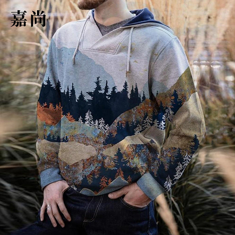Herren geräumiger Kapuzenpullover mit großflächigem Bergwald-Print und Kängurutasche Shop Nory
