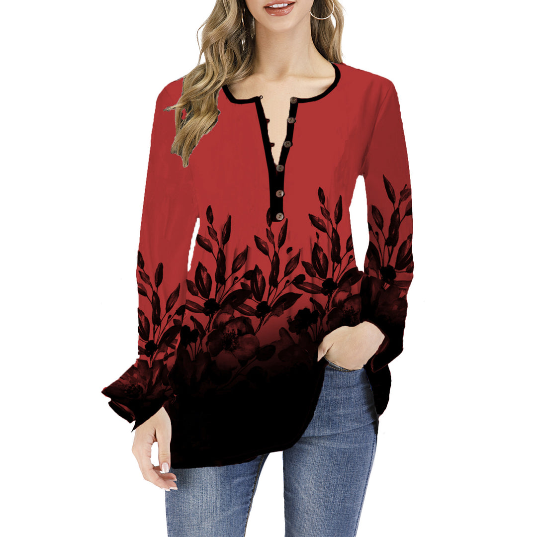 Damen Lockeres Langarm-Tunika-Shirt mit Henley-Knopfleiste und floralem Ombre-Print Shop Nory