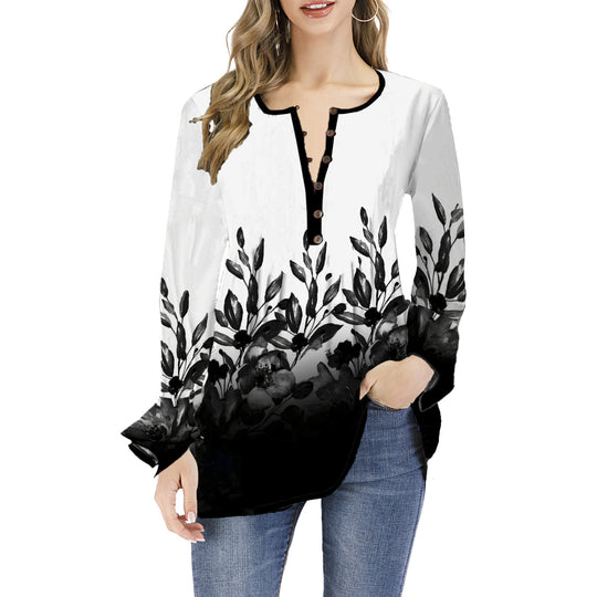 Damen Lockeres Langarm-Tunika-Shirt mit Henley-Knopfleiste und floralem Ombre-Print Shop Nory