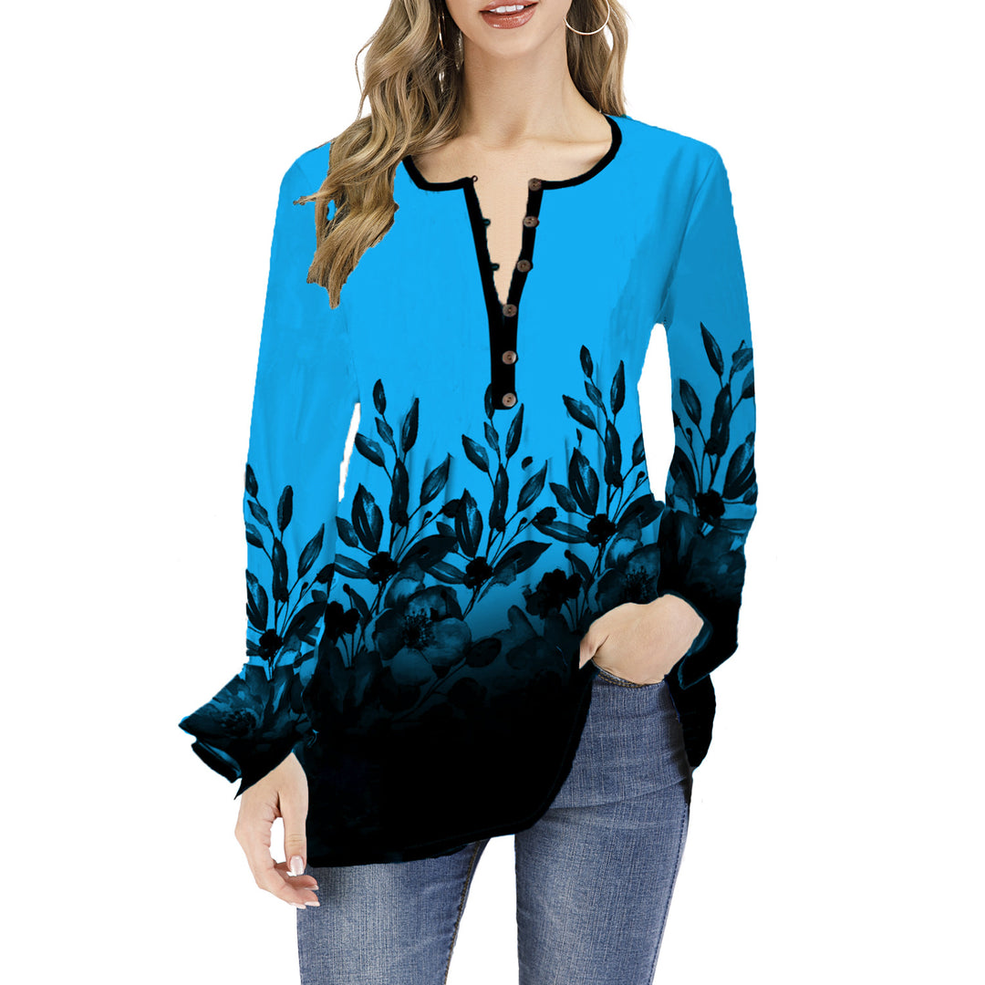 Damen Lockeres Langarm-Tunika-Shirt mit Henley-Knopfleiste und floralem Ombre-Print Shop Nory