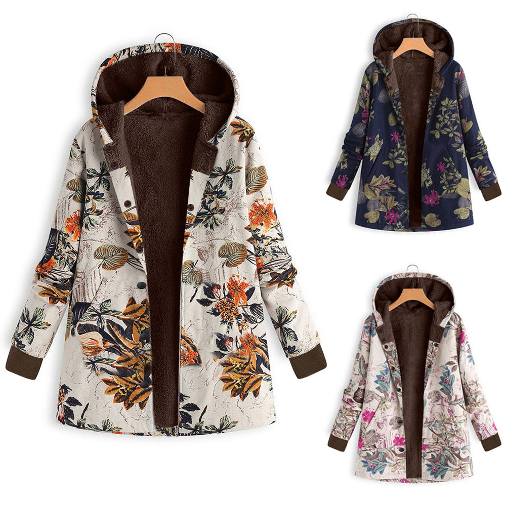 Damen Gefütterte Kapuzenjacke mit Kunstfellfutter, floralem Print und Eingrifftaschen Shop Nory
