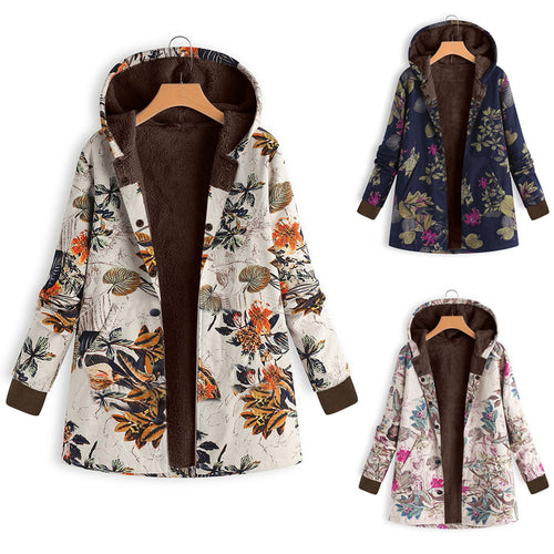 Damen Gefütterte Kapuzenjacke mit Kunstfellfutter, floralem Print und Eingrifftaschen Shop Nory