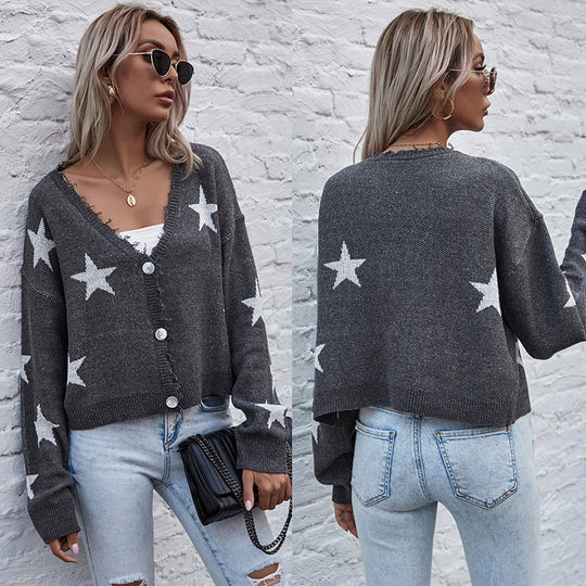 Damen Kurzgeschnittener V‑Ausschnitt Strickcardigan mit Sternen‑Jacquard und Fransenbesatz Shop Nory