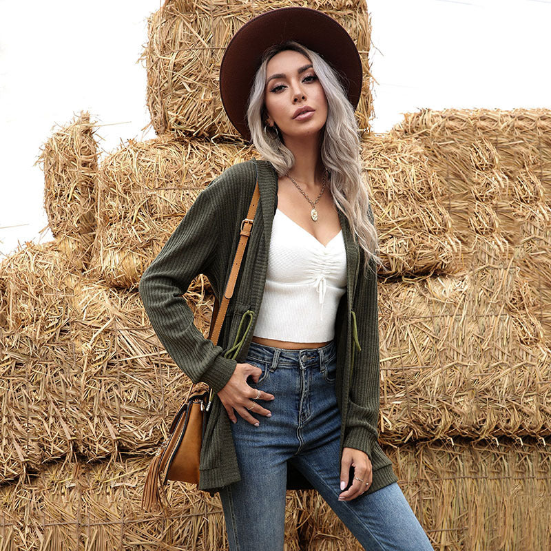 Damen Longline Feinstrickcardigan mit Tunnelzug, Rippstruktur und Eingrifftaschen Shop Nory