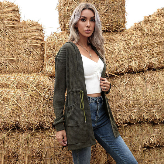 Damen Longline Feinstrickcardigan mit Tunnelzug, Rippstruktur und Eingrifftaschen Shop Nory