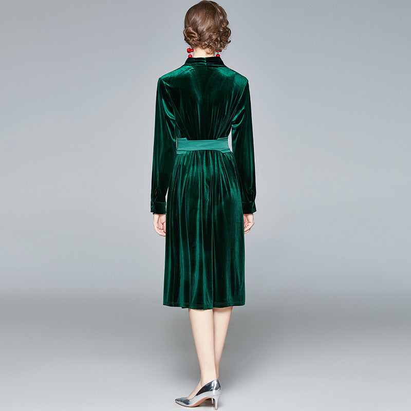 Damen Samt-Midikleid mit Stehkragen und tailliertem Bindegürtel Shop Nory