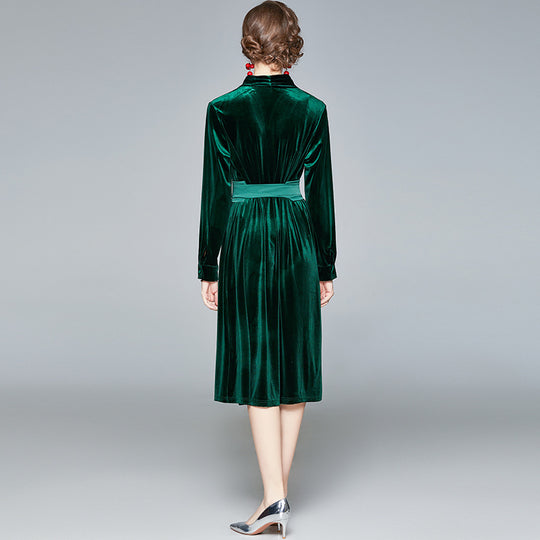Damen Samt-Midikleid mit Stehkragen und tailliertem Bindegürtel Shop Nory