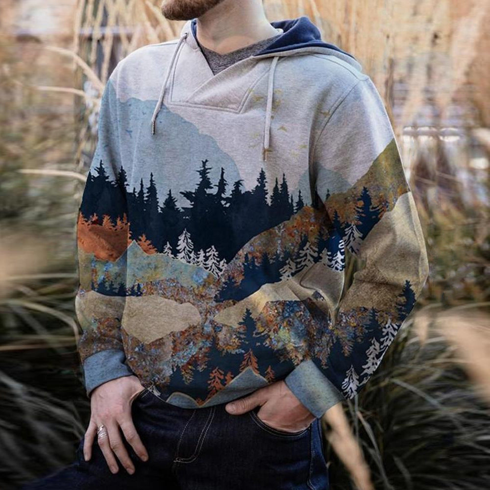 Herren geräumiger Kapuzenpullover mit großflächigem Bergwald-Print und Kängurutasche Shop Nory
