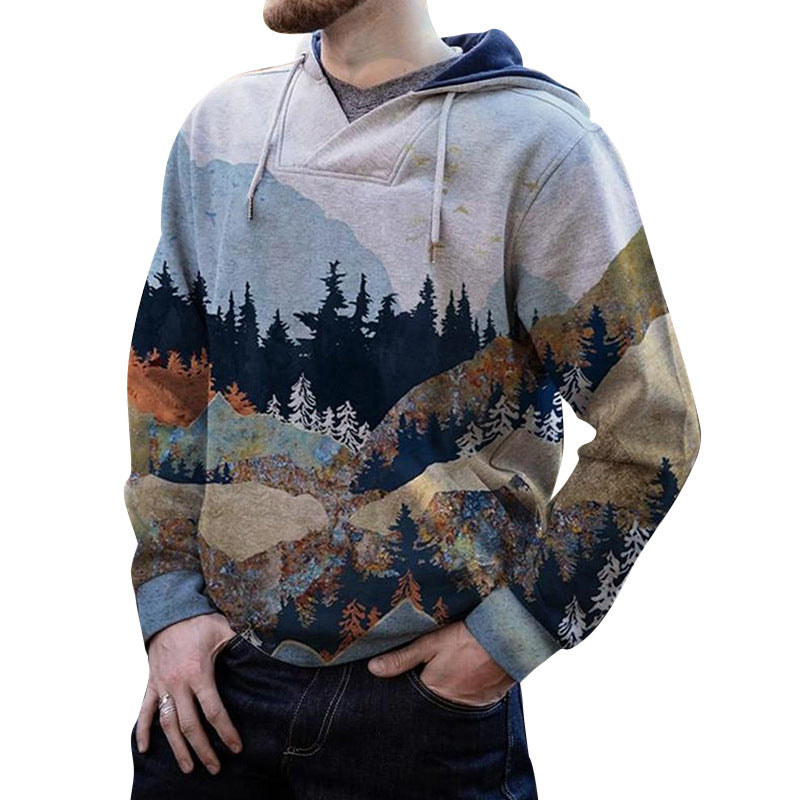 Herren geräumiger Kapuzenpullover mit großflächigem Bergwald-Print und Kängurutasche Shop Nory