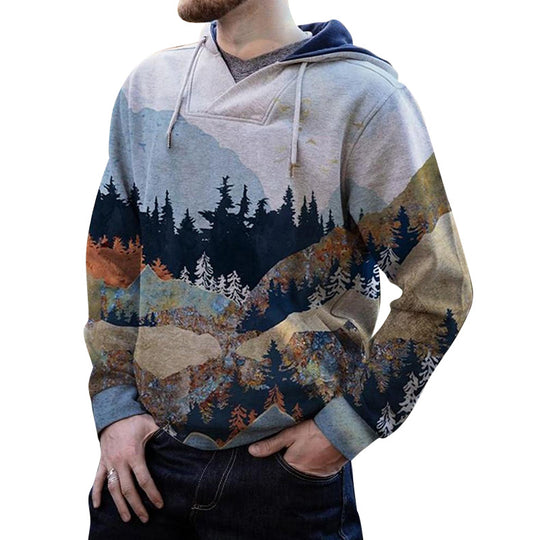 Herren geräumiger Kapuzenpullover mit großflächigem Bergwald-Print und Kängurutasche Shop Nory